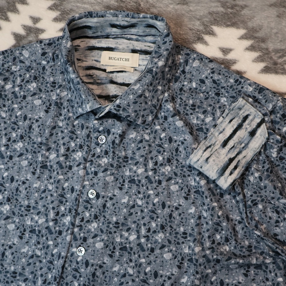 Bugatchi Terrazzo Stone Print 8-Way Stretch Shirt Blue Grey Mens Large Flip Cuff